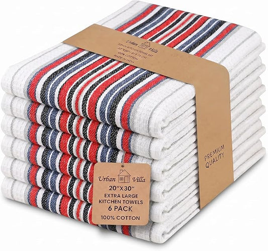 Urban Villa Kitchen Towels, Premium Quality, Cotton Dish Towels,Mitered Corners,Ultra Soft (Size: 20X30 in), White Waffle Stripes, Highly Absorbent Bar Towels & Tea Towels - (Set of 6)