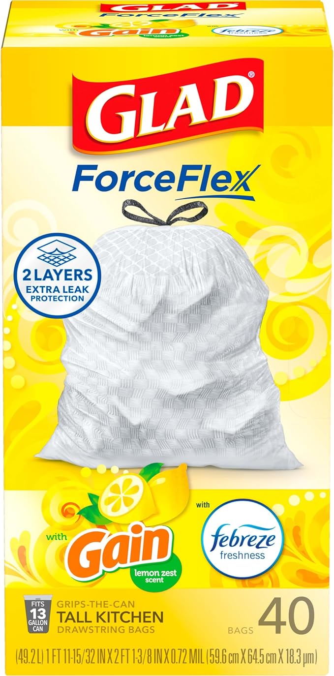 Glad Trash Bags, 13 Gallon, 40 Ct, Pack of 2 | ForceFlex | Tall Kitchen | Drawstring | Gain Lemon Zest