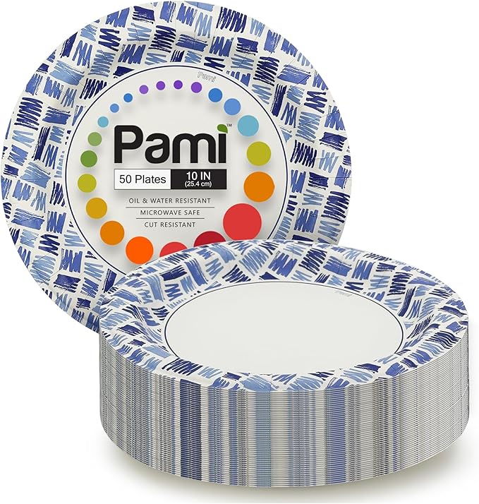 PAMI Heavy Duty Microwave Safe Disposable Paper Plates Large and Medium Sizes Oil Water & Cut Resistant Dinnerware for Hot Cold Food (10 Inch Plate 50 Blue)