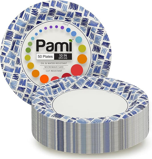 PAMI Heavy Duty Microwave Safe Disposable Paper Plates Large and Medium Sizes Oil Water & Cut Resistant Dinnerware for Hot Cold Food (10 Inch Plate 50 Blue)
