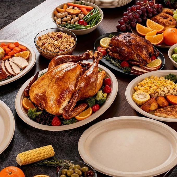 DaYammi 100% Compostable Oval Paper Plates 12 Inch, 60-Pack Heavy Duty Paper Plates Bulk,Biodegradable Bagasse,Eco-Friendly Disposable Dinner Plate for BBQ,Picnic,Party (BPI Certified,Microwaveable)