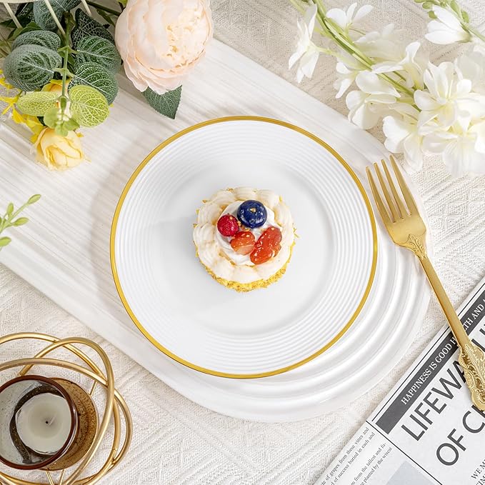 Liacere 100PCS Gold Plastic Plates - Heavy Duty Disposable Plates - White and Gold Plate 100PCS Dinner/Dessert Plate for Party & Wedding & Birthday