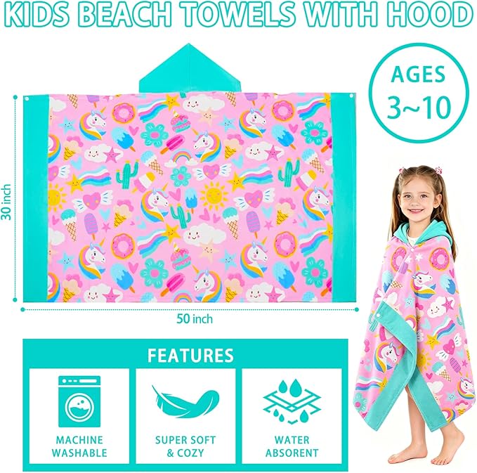 Hooded Towels for Kids - Superfine Fiber Unicorn Toddler Hood Bath Towels Beach Hooded Poncho Absorbent Pool Toddler Swim Bath Wrap for Boys & Girls 3-10 Years Beach Essentials, 50*30 inches