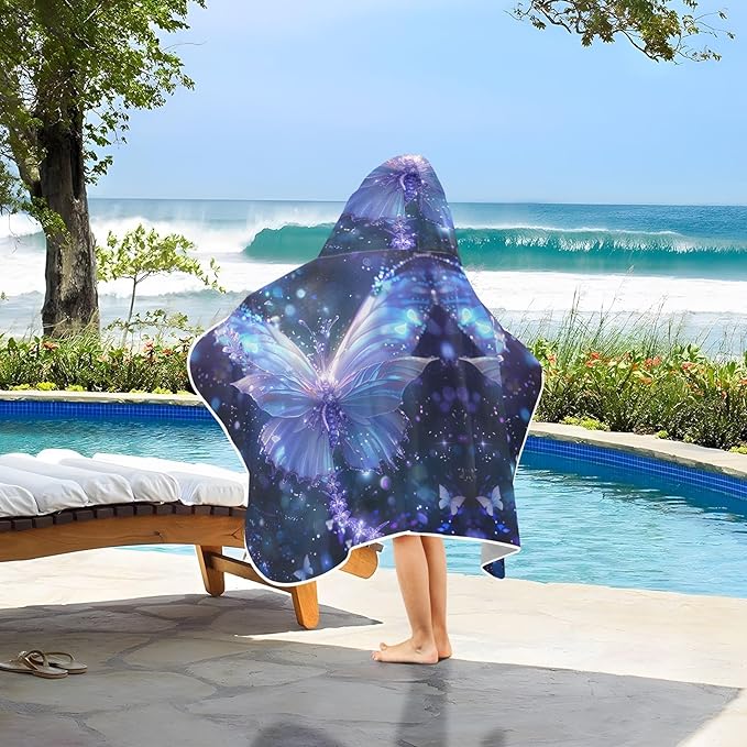 Hooded Towel for Kids Glowing Blue Butterfly Beach Wrap Bath Towels 50x23.5in