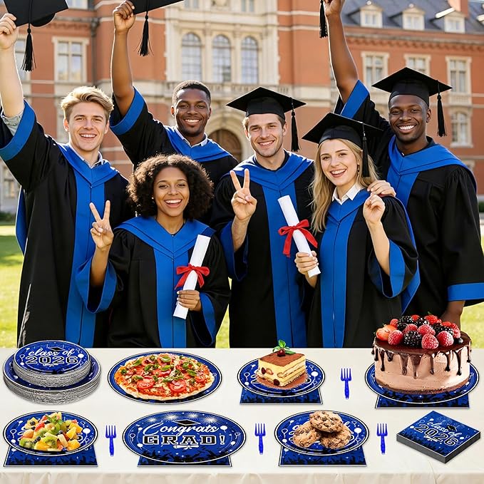 100 Pcs Graduation Plates and Napkins, 2026 Blue Graduation Disposable Plates and Napkins Party Supplies Set Serves 25, Blue Disposable Dinnerware Set for 2026 Decorations Grad Party