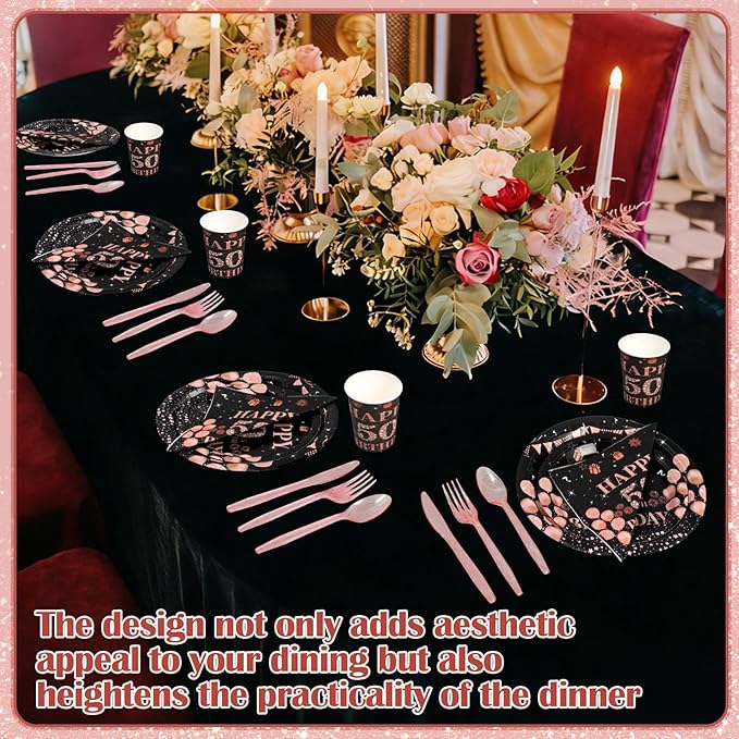 Pickmesh 400 Pcs 50th Birthday Decorations for Women, Includes 50th Birthday Plates, Napkins, Cups, and Cutlery for Party Favors, Cheer to 50 Year for Her, Serves 50 Guests
