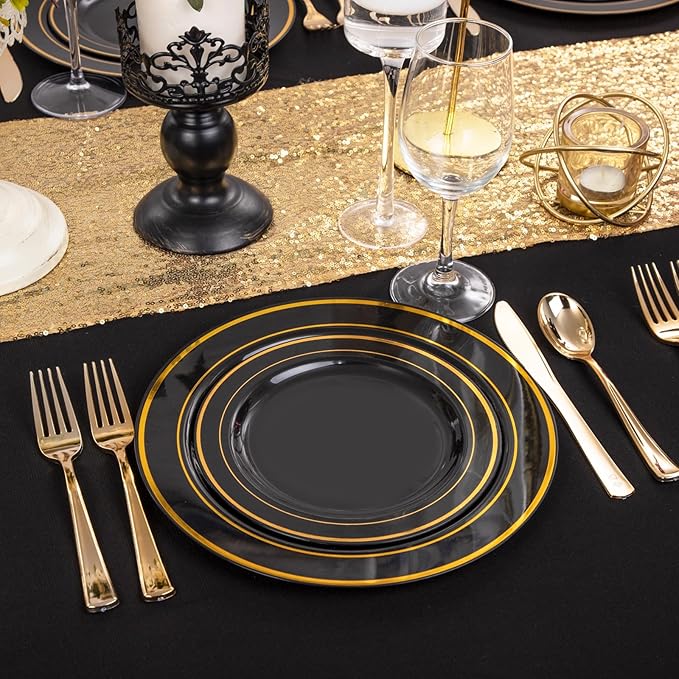 FLOWERCAT 100PCS Black and Gold Plates - Heavy Duty Black Plates Disposable for Halloween Party/New Year/Birthday- Include 50PCS 10.25inch Dinner Plates - 50PCS 7.5inch Dessert Plates