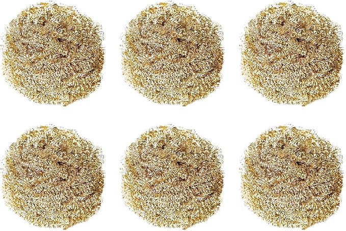 6PCS Brass Kitchen Cleaner, Scrubbing Scour Copper Scrubber Non Scratch Dishes Scrubber Kitchen Steel Wool Easy Scouring Scrubbing Brush Pot Pan Oven Washing Ball Golden Copper Scrubbers