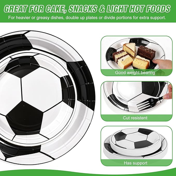 100 Pcs Soccer Party Supplies for 25 Guests, Heavy-Duty 7" & 9" Paper Plates, 2-Ply 13" Napkins & Plastic Forks, Disposable Soccer Themed Tableware Set for Game Day and Birthday