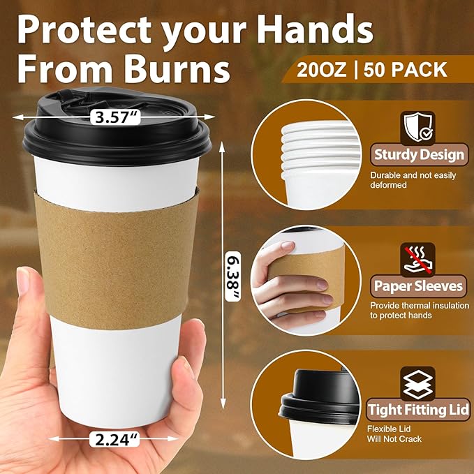 Clawsoff 50 Pack 20 oz Disposable Coffee Cups with Lids and Insulated Sleeves, Leak-free Paper and Sturdy Thick Paper Hot to Go Coffee Cups with Lids for Cold/Hot Beverage (White)