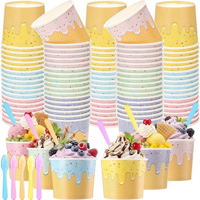 Jingmore 60 Set Paper Ice Cream Cups Bulk with Spoons 4 oz Disposable Sundae Bowls Colorful Paper Dessert Cups Containers for Snack Yogurt Soup Summer Bar Party Supplies