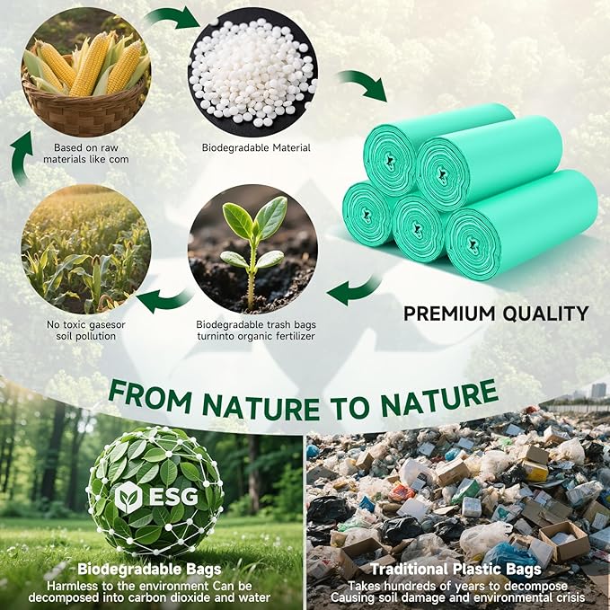 Biodegradable Medium Trash Bags 8 Gallon - Compostable Clear Green Garbage Bags Unscented 100 Count Strong Thick Waste Basket Can Liners for Home Office Bedroom Heihaily