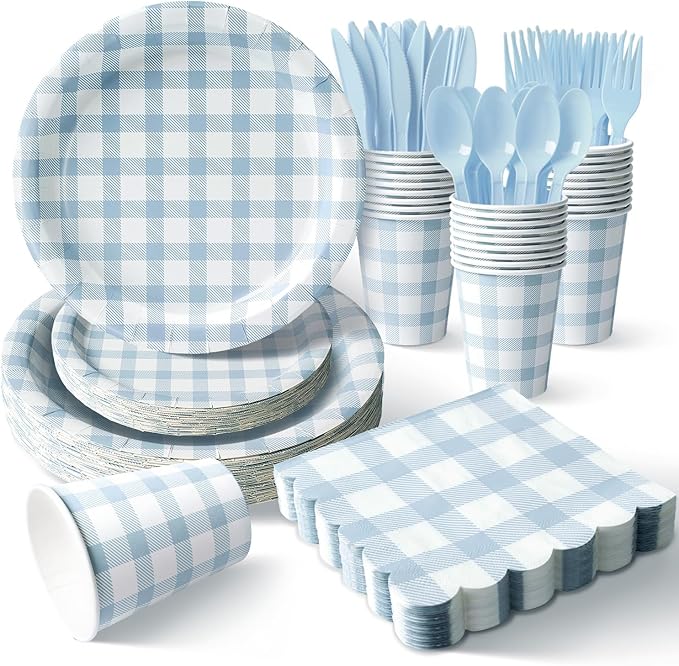 Vyntra 175 Pcs Blue & White Checkered Gingham Paper Plates and Napkins Set for 25, 9" Dinner Plates & 7" Dessert Plate, Baby Boy Shower Birthday Party
