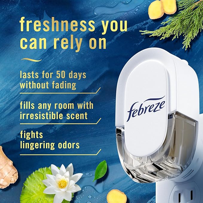 Febreze Plug In Air Freshener, Odor-Fighting Scented Oil Refill, Air Fresheners for Home and Bathroom and Kitchen, Long Lasting for Strong Odors, Ocean Scent, 0.87oz Refills, 3 Count