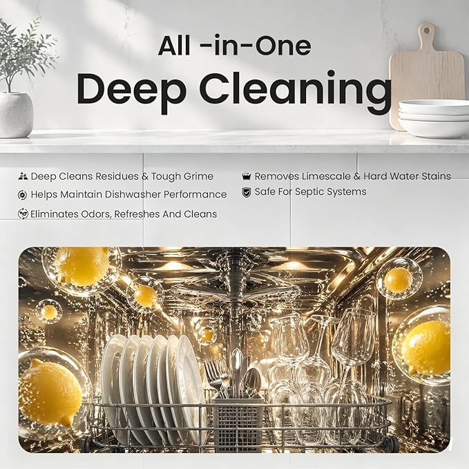 Dishwasher Cleaning Tablets -30 Pack Cleaner and Deodorizer -15 Month Suply for Hard Water Dish Washer Machine, Non Toxic Tabs for Dish, Septic Safe & Odor Remover, Lemon Scent