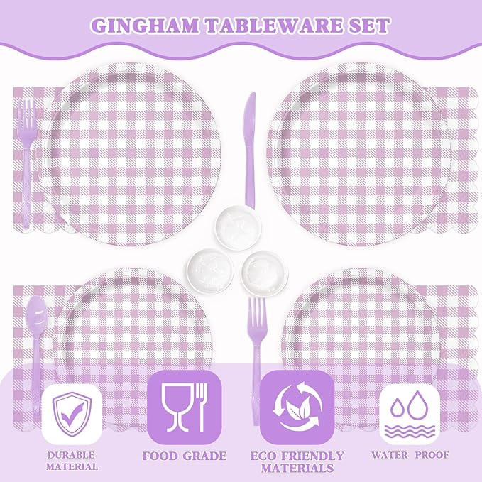 Vyntra Checkered Gingham Paper Plates and Napkins Set for 50" 9" Dinner Plates & 7" Dessert Plate, Birthday Party (Lavender Gingham, 175 Pcs)
