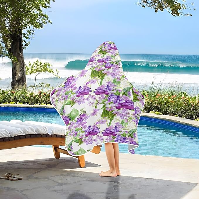 CEBUGI Purple Flowers Hooded Bath Towel for Kids Absorbent Soft Bath Towel Wrap with Hood 50x23.5in Pool Beach Shower Towel for Boys Girls