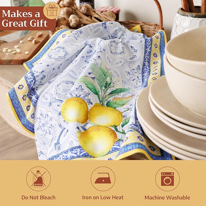 Maison d' Hermine Kitchen Towels Set of 3 100% Cotton 27.50" x 20" Reusable Cloth Tea Dish Towels Absorbent with Hanging Loop for Kitchen Farmhouse Hotel Spring Summer - Citrus