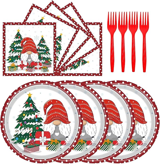 72Pcs Christmas Gnomes Plates and Napkins, Xmas Tree Paper Plates Santa Claus Party Supplies Disposable, Merry Christmas Themed Dessert Tableware Set for Xmas Holiday Winter Party Table Decorations