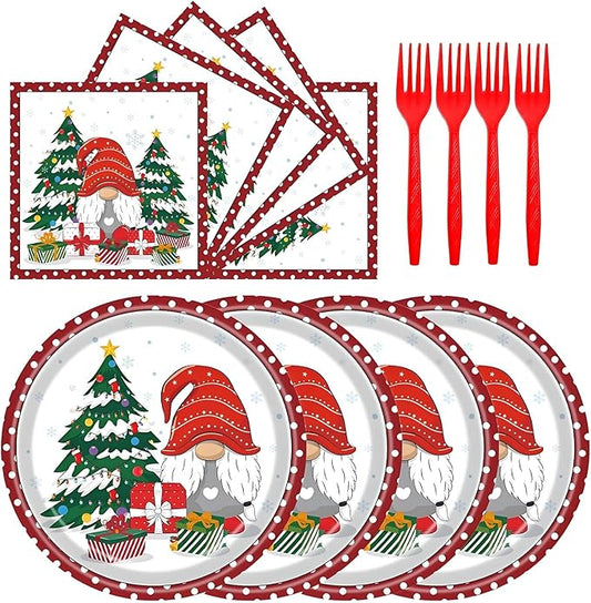 72Pcs Christmas Gnomes Plates and Napkins, Xmas Tree Paper Plates Santa Claus Party Supplies Disposable, Merry Christmas Themed Dessert Tableware Set for Xmas Holiday Winter Party Table Decorations