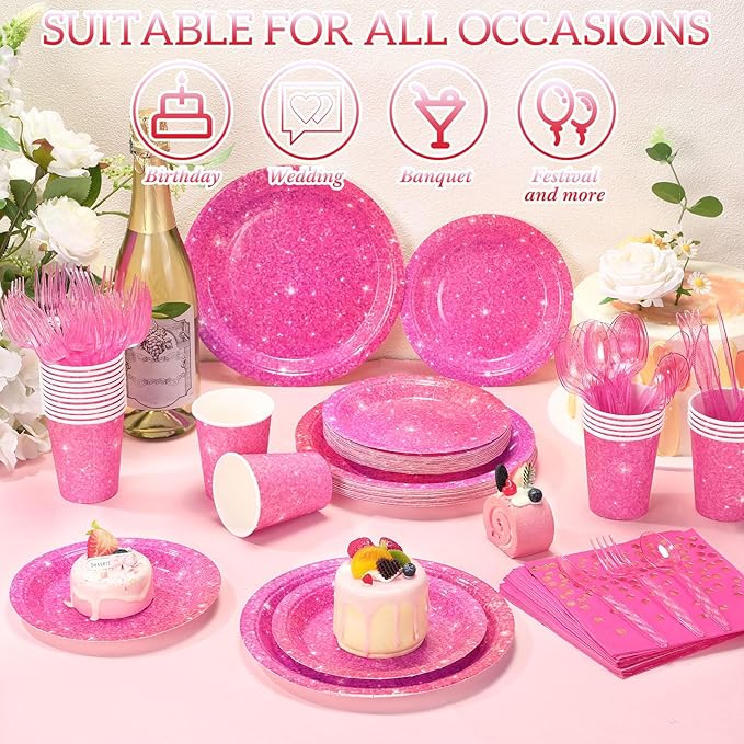 Hushee 175 Pcs Hot Pink Holographic Print Party Supplies Guests Disposable Dinnerware Set Include Paper Plates, Napkins, Cups, Plastic Cutlery for Wedding Birthday Disco Bachelorette