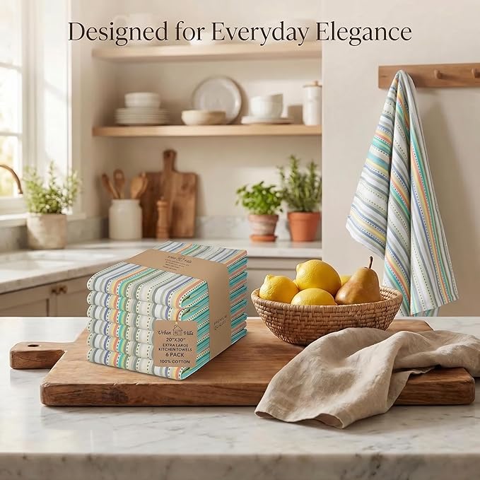 Urban Villa Kitchen Towels 100% Cotton Dish Towels for Kitchen(Set of 6)20”x30” Dish Cloths Highly Absorbent Kitchen Linen Set with Hanging Loop Perfect for Drying Dishes Cleaning Towels-Beige Stripes