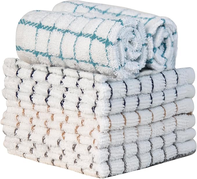 Bumble Dish Cloths (8 Pack) | 12” x 12” | 100% Cotton Kitchen Towels | 406 GSM | Soft, Highly Absorbent & Durable Dish Towels for Kitchen | Multicoloured Checked