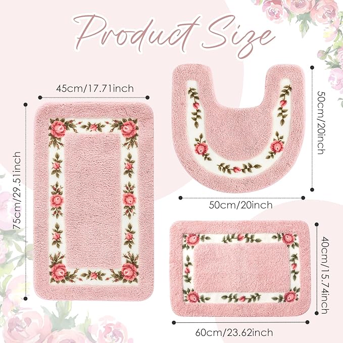 Drydiet 3 Pcs Rose Flowers Bathroom Rugs Set Coquette Room Decor Floral Carpet for Bathroom Bedroom Living Room, Floral Bath Mat Non Skid Romantic Rose Flower Area Rugs 3 Shapes(Pink,Small)
