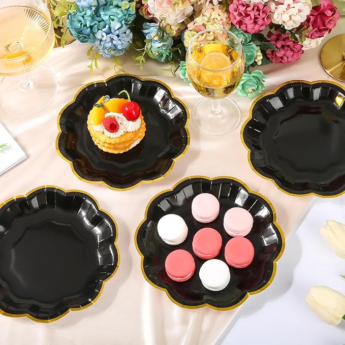 AimFun 48 Pcs Graduation Black and Gold Scalloped Paper Plates 7 Inch Disposable Dessert Plates with Gold Foil Elegant Cake Plate for Wedding Birthday Baby Shower Party Supplies