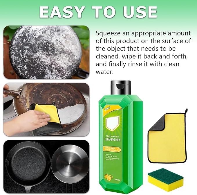 2PCS Cleaning Milk House Cleaner, New Multifunctional Concentrated Cleansing Lotion,300 ML Effective Cleaning Milk for Household Kitchen With 2 Sponges And Towels, to Heavy Oil Stains