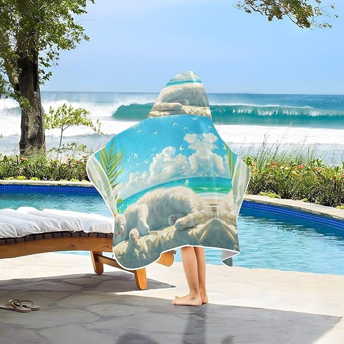 Hooded Towel for Kids Cute White Cat Lying and Basking Beach Wrap Bath Towels 50x23.5in