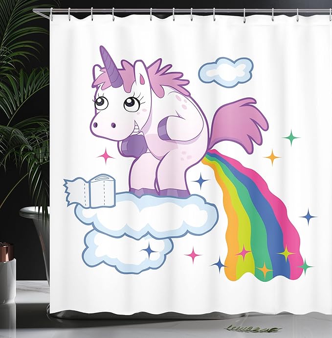 Ambesonne Funny Shower Curtain, Unicorn Pooping Rainbow Over Clouds Creative Girls Fantasy Cartoon, Cloth Fabric Bathroom Decor Set with Hooks, 69" W x 70" L, Pale Purple