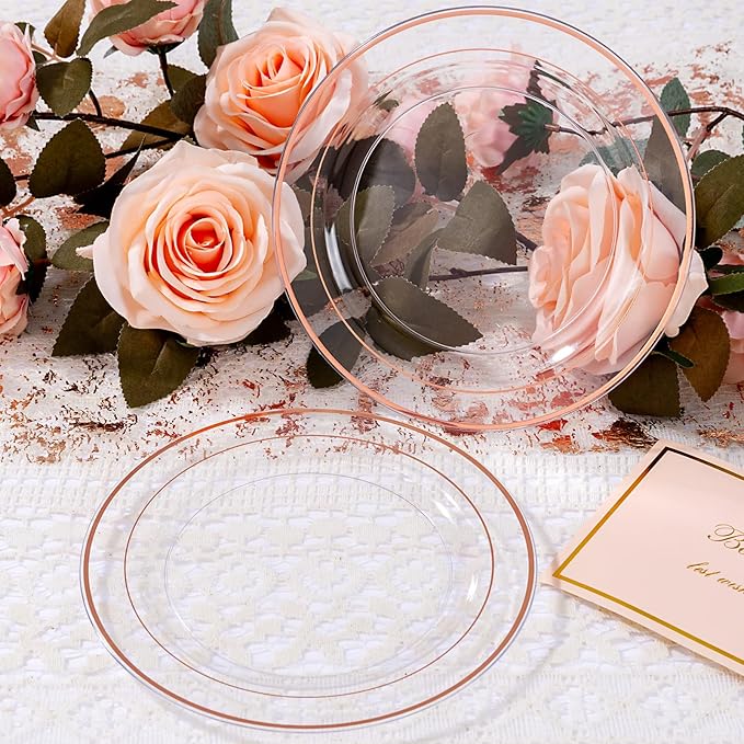 bUCLA 100PCS Clear Rose Gold Plastic Plates Disposable - Heavy Duty 6.25 Inch Clear Plastic Dessert Plates with Rose Gold Trim - Ideal for Party & Wedding
