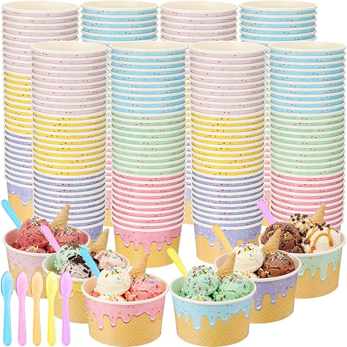 Jingmore 240 Set Paper Ice Cream Cups Bulk with Spoons 8 oz Disposable Sundae Bowls Colorful Paper Dessert Cups Containers for Snack Yogurt Soup Summer Bar Party Supplies