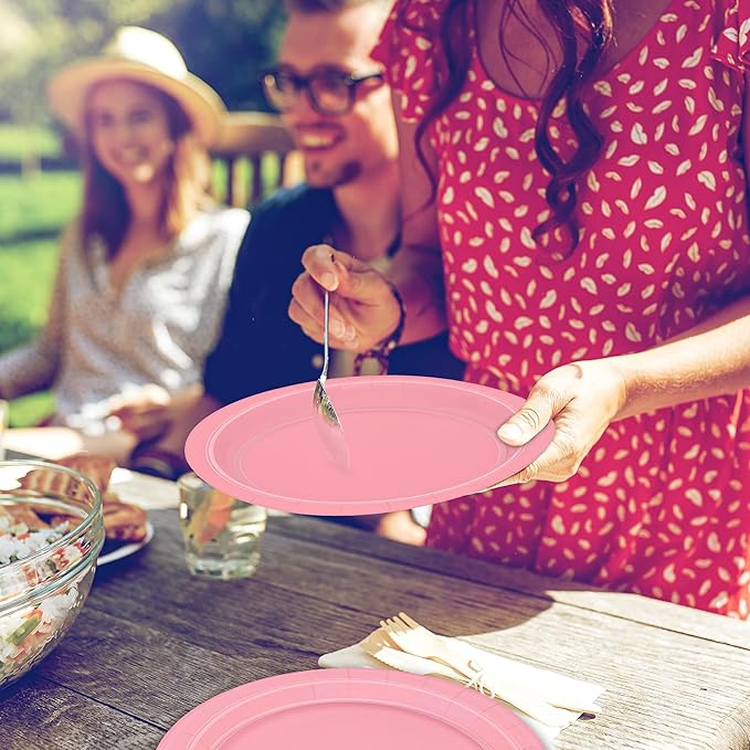 QZYL 50 PCS Pink Paper Plates, Round Disposable Paper Plates, 9 Inches Dinnerware for Everyday Use, Heavy Duty TablewarePack for Birthday Wedding Bridal Shower Christmas Party