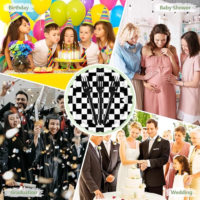 Mulbozy 75 Black Checkered Plates and Napkins Disposable Set Includes 25 Dessert Cake Scalloped Plates, Cocktail Napkins & Forks, for Fork 25 Guests Holiday Party Supplies.