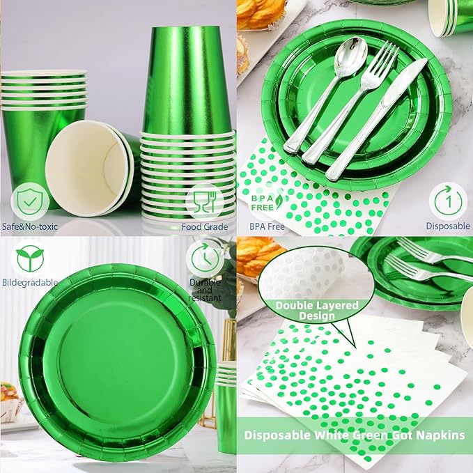 Green Party Decorations, 168 Pcs Green Paper Plates and Napkins Party Supplies, Birthday Plates Serve 24, for Birthday Baby Shower Graduation Father's Day