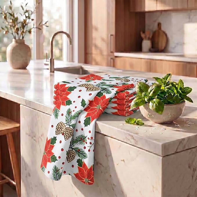 Urban Villa Christmas Kitchen Towels Pine Cone Print Multi Color, Premium Quality,100% Cotton Dish Towels Mitered Corners (Size: 20X30 Inch), Highly Absorbent Bar Towels & Tea Towels - (Set of 6)