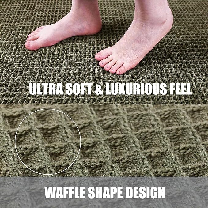 Waffle Bathroom Rugs, Large Non Slip Absorbent Waffle Knit Bath Mat for Shower Floor, Tub and Bathroom Door, Ultra Soft Quick Dry, Olive Green, 24"x36"