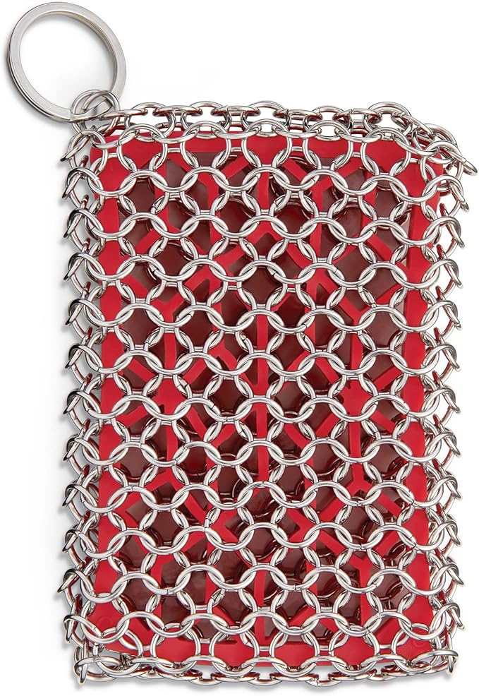 HIC Kitchen Chainmail Cast Iron Scrubber, 18/8 Stainless Steel and Silicone