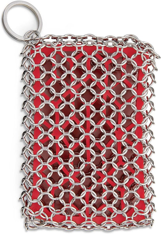 HIC Kitchen Chainmail Cast Iron Scrubber, 18/8 Stainless Steel and Silicone