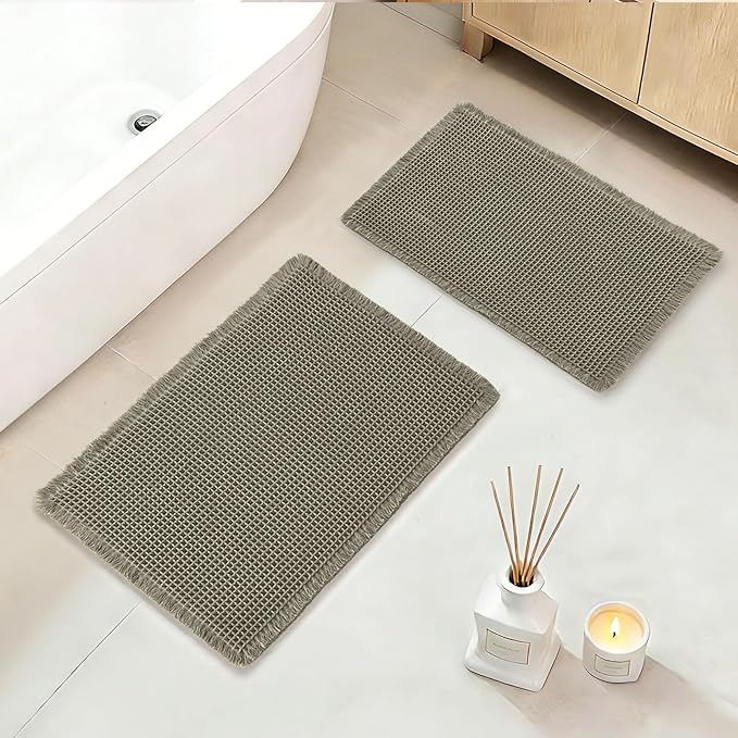 DWCN Waffle Bathroom Mat Set, Super Absorbent Non Slip Bath Rug Set for Bath Floor, Shower Mats 2 Pcs for Tub, Washable Kitchen Rugs for Farmhouse Boho Home Decor, 24"x16"Plus 32"x20", Olive Green