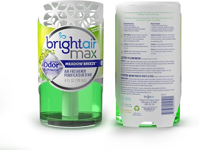 Bright Air Max 4 oz. Odor Eliminator Air Freshener, for Medium-Size Spaces, Meadow Breeze Scent, Case of 6, Lasts up to 60 Days Each