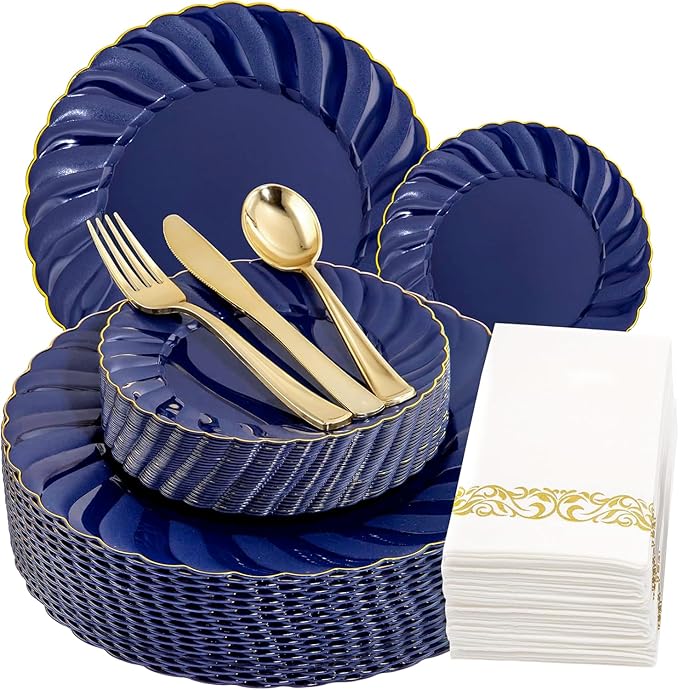 YOUBET 150PCS Blue Plastic Plates - Gold Plastic Silverware - Heavy Duty Navy Blue Disposable Plates include 50 Plates, 25 Forks, 25 Knives, 25 Spoons, 25 Napkins for Wedding Birthday Parties