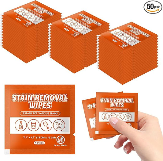Stain Remover Wet Wipes Bulk, Individual Wrapped Clothes Portable Travel Messy Eater Cleaning Laundry Stain Removal Wipes Pocket Size for Clothing Fabric/Shoes/Wine/Fast Food 7.1 x 4.7 Inch(Orange 50)