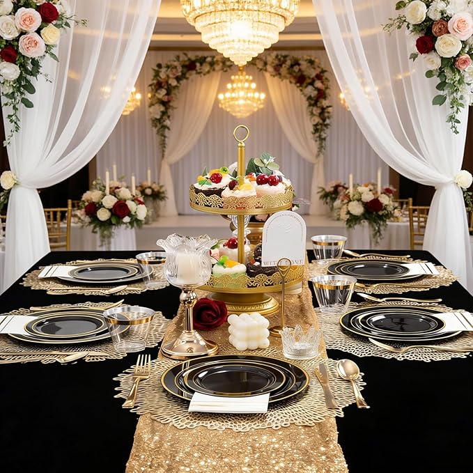 GATHER 350PCS Black Plastic Plates - Black and Gold Disposable Dinnerware Set Include 100 Plates, 150 Gold Silverware, 50 Napkins, 50 Cups for Party & Wedding & Birthday & Graduation