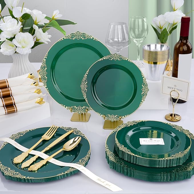 Realluck 350 PCS Green and Gold Plastic Plates, Plastic Dinnerware Set for 50 Guests, 100 Disposable Plates, 150 Silverwares, 50 Cups, 50 Napkins for Party, Wedding, Graduation