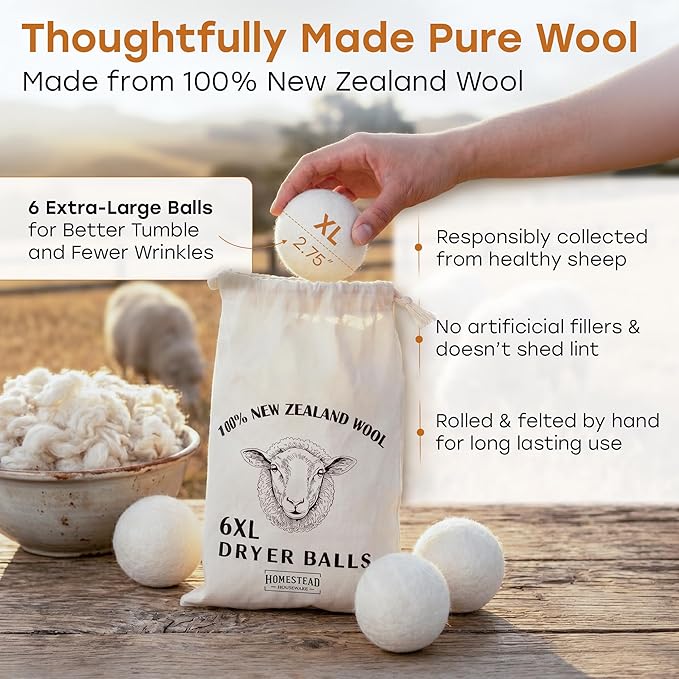 XL Wool Dryer Balls 6-Pack – 100% New Zealand Wool, Natural Fabric Softener & Static Reducer, Reusable Laundry Balls for Pet Hair, Eco-Friendly Dryer Sheets Alternative