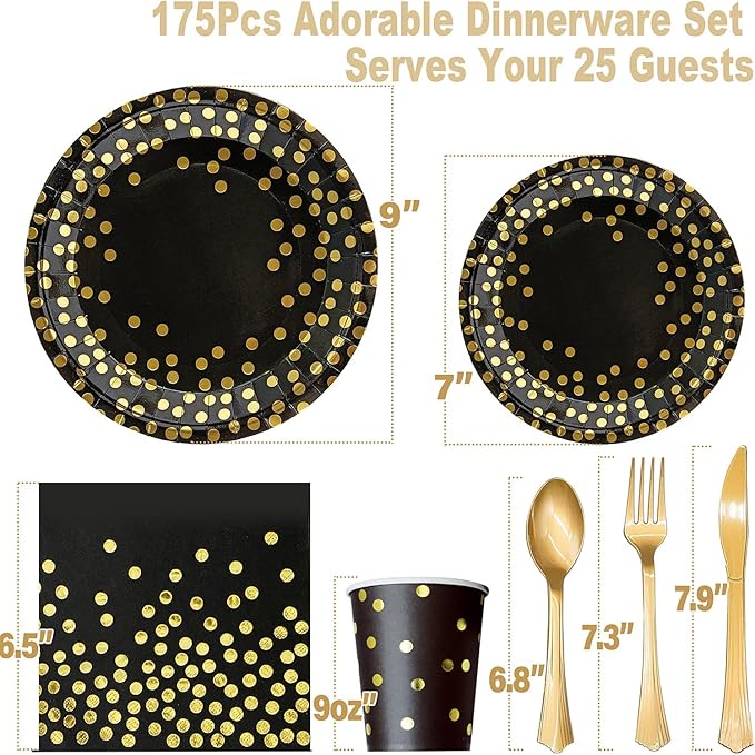 AIRE 175PCS Black and Gold Paper Plates Party Supplies for 25 Guests Disposable Party Decorations Dinnerware Golden Dot Black Paper Plates Napkins Cups Gold Plastic Forks Knives Spoons for Mothers Day