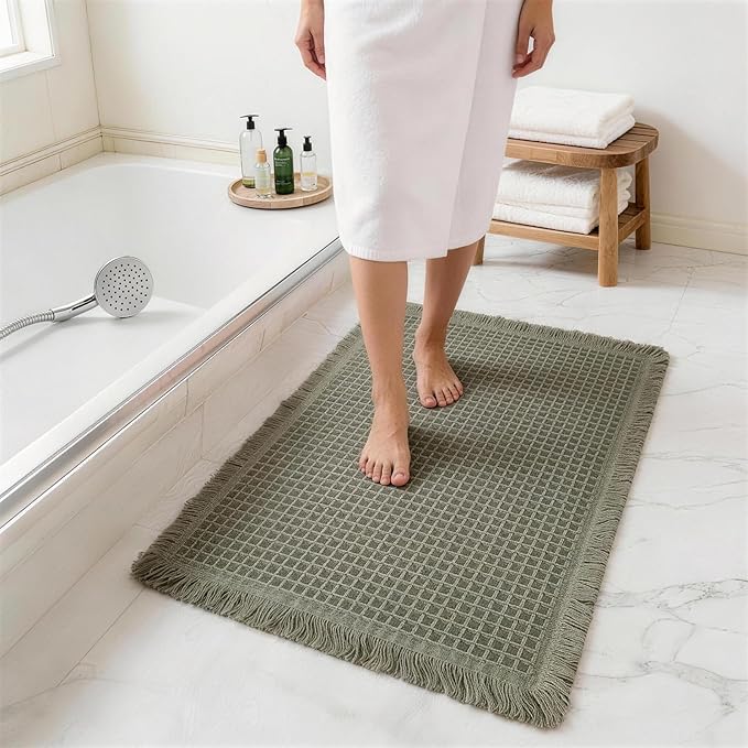 Waffle Bathroom Rugs, Large Non Slip Absorbent Waffle Knit Bath Mat for Shower Floor, Tub and Bathroom Door, Ultra Soft Quick Dry, Olive Green, 24"x36"